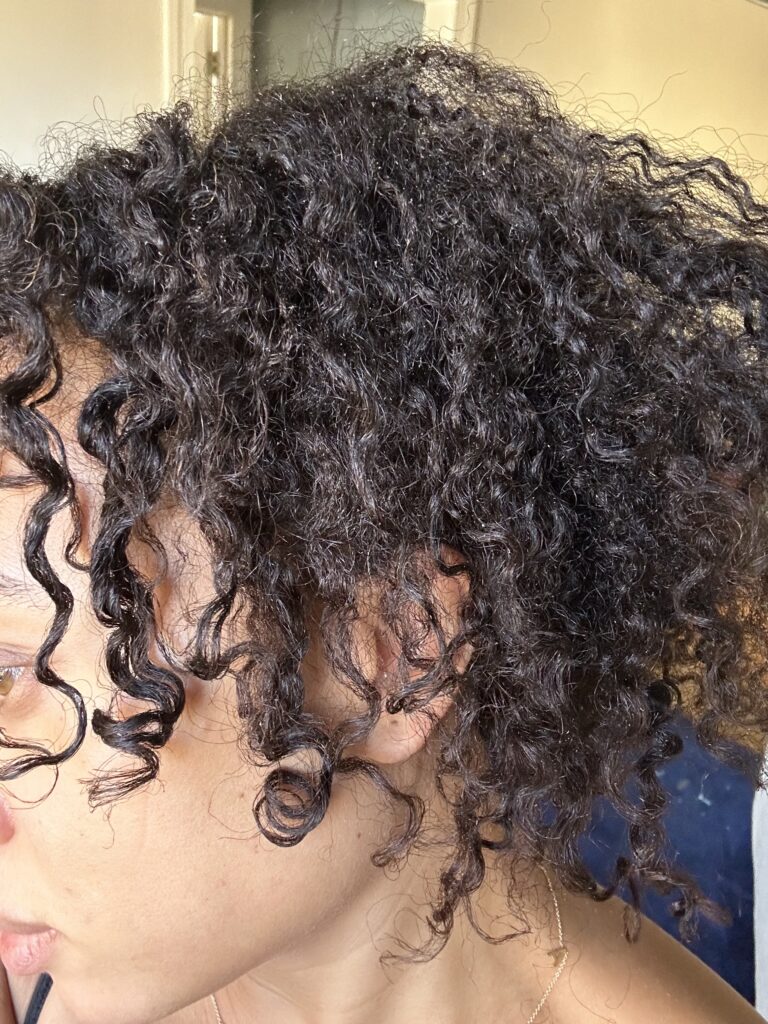 A photo showing a woman with brown, curly hair.